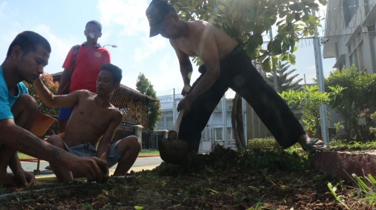 Tamping Lapas Pemuda Madiun saat menanam kembali rumput yang segar, Selasa(30/11/2021). (Foto:Humas Lasdaun).