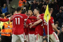 Selebrasi gol Manchester United ketika Ronaldo mencetak gol dari titik putih ke gawang Norwich (Foto AFP/Alex Paintling via Kompas.com). 