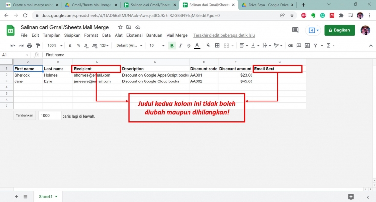 Judul kolom 'Recepient' dan 'Email Sent' tidak boleh diubah dan kolom tidak boleh dihapus (dokumentasi pribadi).