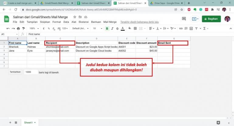 Judul kolom 'Recepient' dan 'Email Sent' tidak boleh diubah dan kolom tidak boleh dihapus (dokumentasi pribadi).