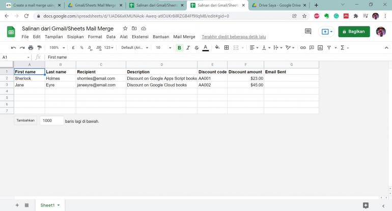 Tampilan awal spreadsheet (dokumentasi pribadi).