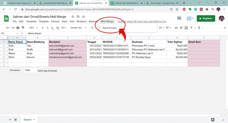 Klik Mail Merge > Kirim Email untuk aktivasi mail merge (dokumentasi pribadi).