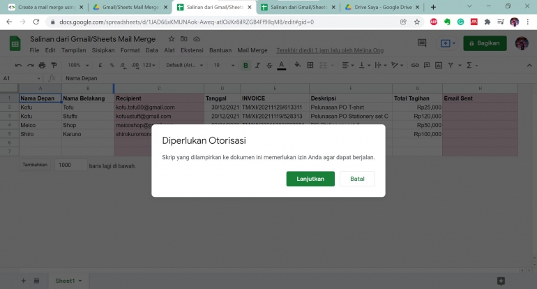 Lanjutkan Otorisasi Mail Merge (dokumentasi pribadi).