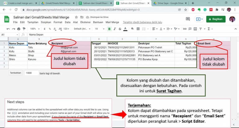 Contoh spreadsheet yang sudah diupdate (dokumentasi pribadi).