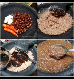 Cara membuat sambal bumbu kacang. Haluskan bahan dan bumbunya, kemudian masukkan petis udang dan kecap manis, aduk merata. (Foto: Wahyu Sapta).