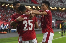 Pemain Indonesia Irfan Jaya melakukan selebrasi di laga Indonesia vs Malaysia (Foto : ROSLAN RAHMAN via Kompas.com)