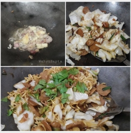 Membuat Mie Goreng, tumis bawang putih dan bawang merah, beri kol dan bahan lainnya, terakhir masukkan mie. (Foto: Wahyu Sapta).