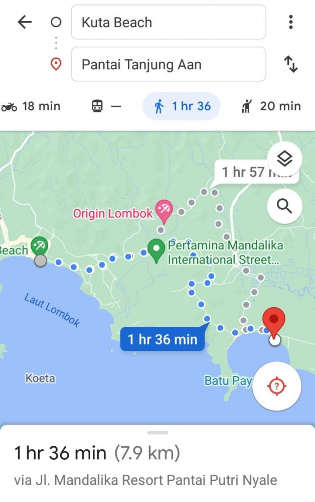Jarak dari Pantai Tanjung Aan dan Pantai Mandalika (dulunya Kuta Lombok)  menurut Gmaps. 