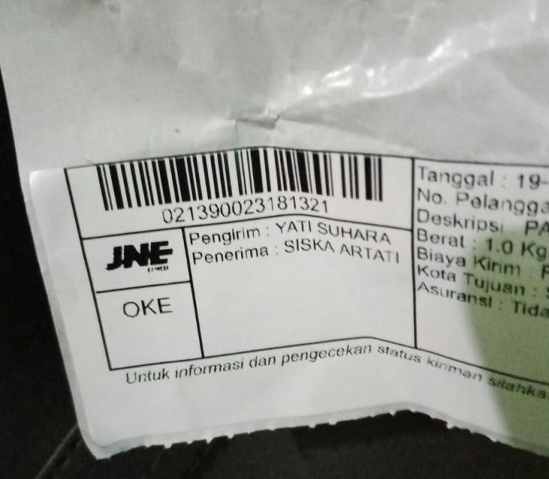 Resi Bukti Kirim paket JNE (Dok.Pri.Yati / Asti via WA)