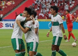 Pemain Timnas Indonesia merayakan gol Witan Sulaeman ke gawang Singapura. (Foto: PSSI)