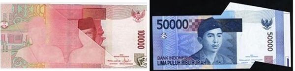 Uang 'misprint'/kiri: tinta tidak sempurna dan uang 'miscut'/kanan: pemotongan tidak sempurna (Sumber: uangindonesia.com)