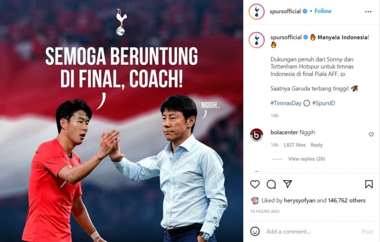 (Instagram dukungan Tottenham untuk Timnas Indonesia/ sumber foto IG spursofficial)
