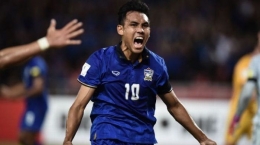 Penyerang andalan Thailand Teerasil Dangda saat mencetak gol ke gawang Timnas Indonesia. | Sumber: ESPNFC via tribunnews.com