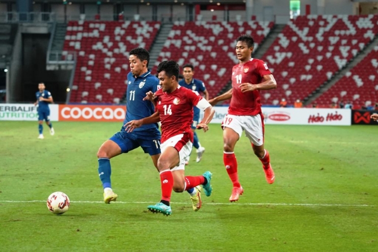 Timnas Garuda saat Menghadapi Thailand di Leg 1 Babak Final AFF Cup 2020. Sumber: affsuzukicup.com