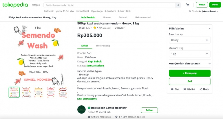 Harga biji kopi lokal dijual dalam berbagai ukuran (sumber: tokopedia/beskabean)