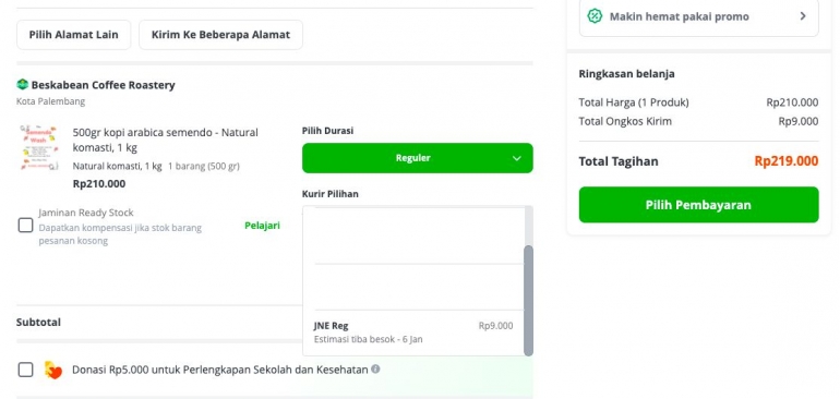 Pilihan layanan kurir JNE memudahkan pembeli (sumber: tokopedia/beskabean)