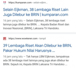 Beberapa berita tentang BRIN (Sumber: tangkapan layar google/dokpri)