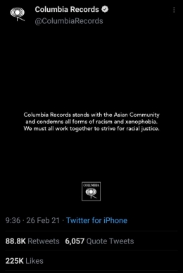 Tweet Columbia Records menolak rasisme dan xenophobia (Gambar diambil dari Twitter Columbia Records)