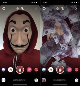 Fitur cerita Instagram menampilkan filter topeng Dali seperti dalam serial 