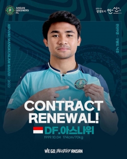 Asnawi Mangkualam resmi perpanjang kontrak selama dua tahun di Ansan Greeners. (Foto: Instagram/@ansan_greeners_fc)