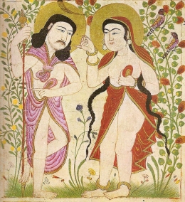Lukisan Adam dan Hawa di dalam Kitab Keagamaan Islam klasik di Iran (Sumber: Pinterest/farsi qajar)