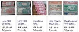 Ilustrasi: uang Sukarno mainan atau suvenir yang dijual di tokopedia (Sumber: tangkapan layar tokopedia)