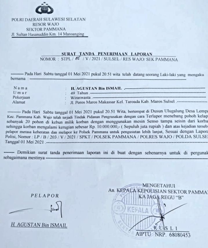 Bukti laporan dugaan pengrusakan lahan milik H. Agustan (dok. Milik H. Agustan)