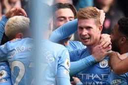 Selebrasi gol Kevin De Bruyne ke gawang Chelsea. Dalam laga ini, Manchester City unggul 1-0 (Kompas.com)