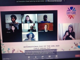 Para gadis sebagai perwakilan , advokat, dan perwakilan dari PBB saat pertemuan  secara virtual pada perayaan hari anak perempuan internasional 2021