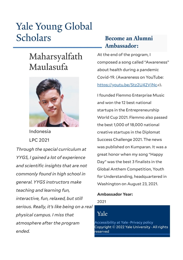 Maharsyalfath Izlubaid Qutub Maulasufa (Alfath Flemmo), Ambassador Indonesia untuk Yale Young Global Scholars (YYGS) Yale University, Amerika Serikat.