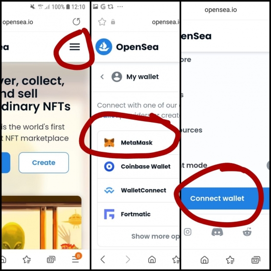 Gambar tahapan mengkoneksikan OpenSea dengan MetaMask melalui browser. Sumber : koleksi penulis