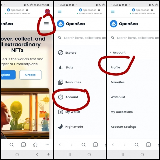 Gambar tahapan pengaturan profil OpenSea pada google chrome. Sumber : koleksi penulis 