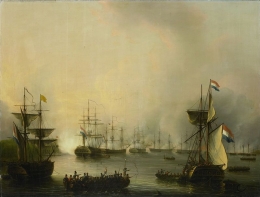 ilustrasi pertempuran Sungai Musi-De beschieting van Palembang, Sumatra, 24 juni 1821, Martinus Schouman