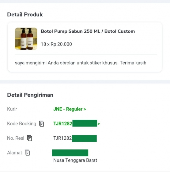 Foto tangkap layar pesanan melalui marketplace. JNE menjadi ekspedisi dengan jangkauan terluas hingga pulau kecil di Nusa Tenggara Barat (Dok pribadi)