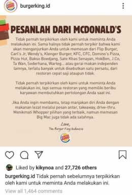 Pemasaran jujur dari Burger King (Instagram @burgerking.id)