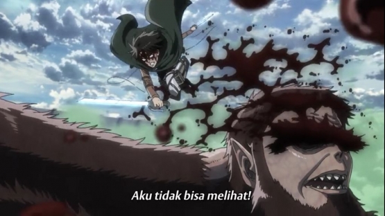Levi dg gaya memutar ketika mengalahkan Beast Titan, sumber: Tangkapan Layar Attack on Titan S.3 Ep.5