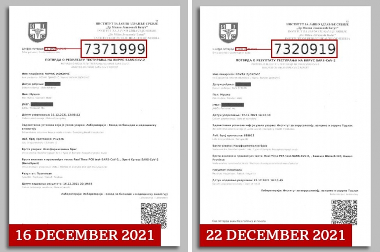 Nomor hasil tes PCR Djokovic tanggal 22 Desember lebih awal dari Nomor sertifikat yang dikeluarkan yanggal 16 Desember 2021. Sumber: BBC.com 