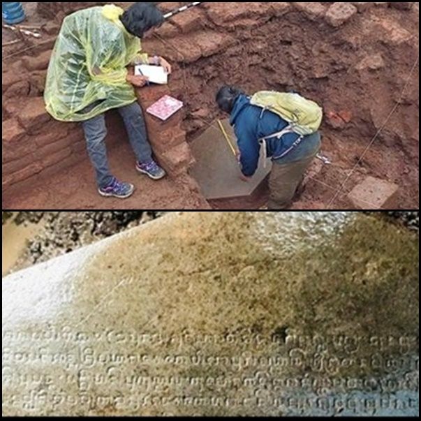 Temuan prasasti batu dari dalam tanah (Atas/Martda Vadetya/jawaposradarmojokerto.id) dan sebagian aksara Jawa Kuno (Bawah/FB Doni Wicaksonojati)