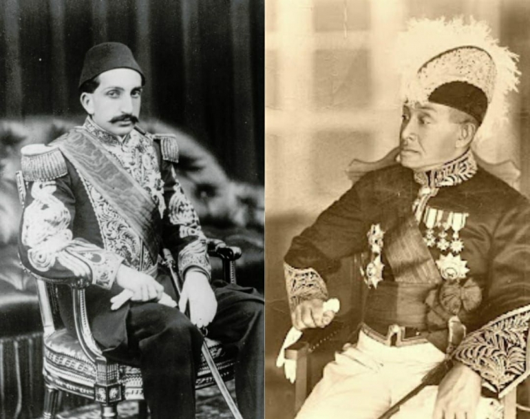 Sultan Abdul Hamid II (Kiri) & Sultan Syarif Muhammad bin Yusuf al-Qadri (Kanan)