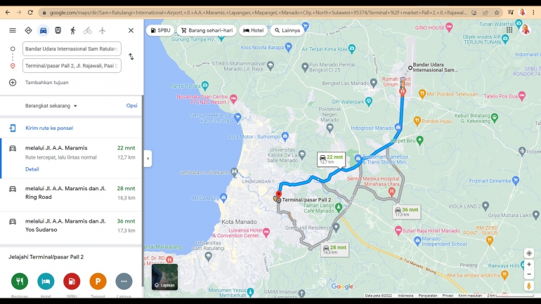 Google Maps; dari Bandara Internasional Sam Ratulangi menuju Terminal Pall 2, Kota Manado