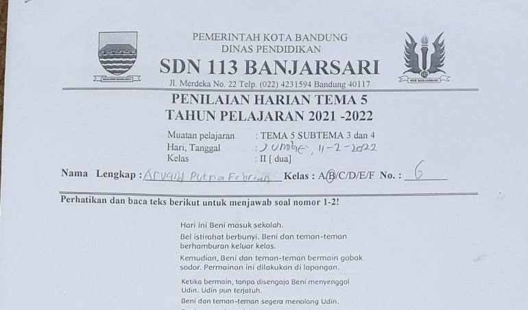 Contoh tugas harian peserta didik di SDN 113 Banjarsari Kota Bandung (Dokpri)