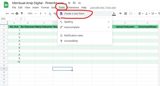 Buat form baru yang terhubung dengan Google Spreadsheet ini. Sesuaikan jika bahasa yang digunakan tidak sama. | Dok. Pribadi