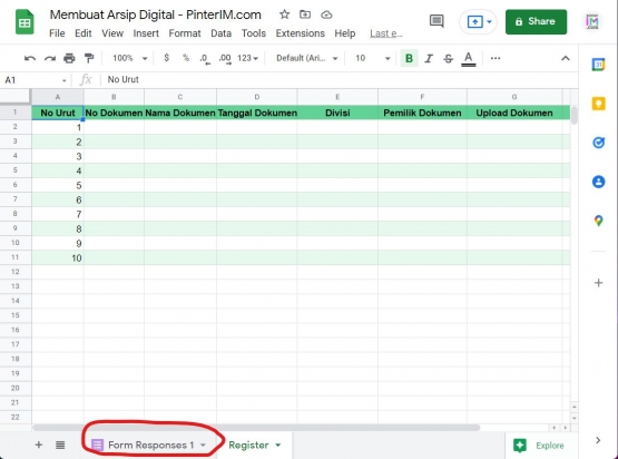 Muncul sheet baru berjudul Form Resposes 1 | Dok. Pribadi