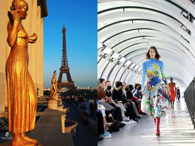 Kolase Eiffel Paris dan Paris Fashion Week. Sumber: Eiffel dokumentasi pribadi / Model di PFW oleh Vianney le Caer/AP/www.ctinsider.com
