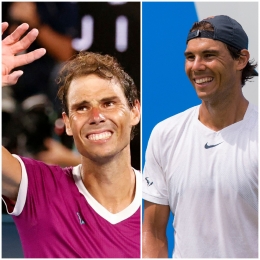 Rafael Nadal dg wajah sumringah kiri di australia open 2022(sumber : sports.okezone.com) kanan di aegone championships 2015(sumber : en.wikipedia.org)