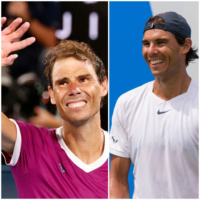 Rafael Nadal dg wajah sumringah kiri di australia open 2022(sumber : sports.okezone.com) kanan di aegone championships 2015(sumber : en.wikipedia.org)