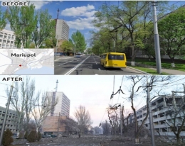 Kerusakan Mariupol dekat sebuah Universitas sebelum dan sesuah Operasi Militer Rusia. Sumber: Capture dari BBC. 10 Maret 2022 