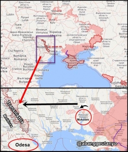 Prediksi strategi ofensif Rusia mengarah ke penyatuan Transnistria dengan kawasan pendudukan di Ukraina. Sumber: olahan pribadi penulis