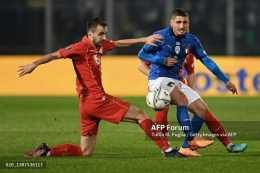 Italia disingkirkan Makedonia Utara dengan skor tipis 0-1 berkat tendangan Aleksandar Trajkovski (Foto AFP/Tullio M Puglia vis Kompas.com). 
