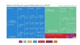 Gambar 1. Tree Map expor mineral russia berdasarkan negara tujuan (Harvard Growth Lab, 2019)